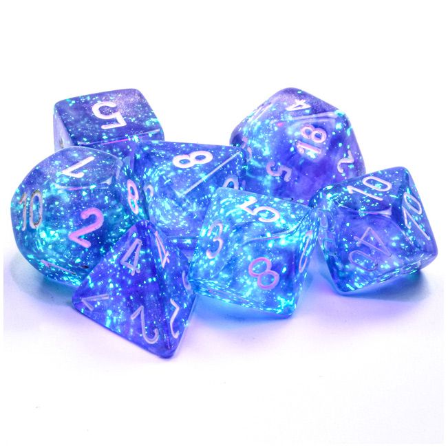 Dice: 7-set Borealis Purple/white Luminary