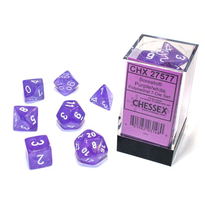 Dice: 7-set Borealis Purple/white Luminary